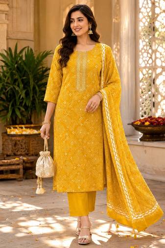Mustard cotton blend geometric print kurta set