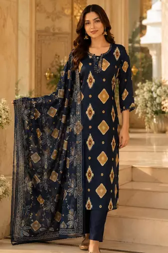 Black cotton blend geometric print kurta set