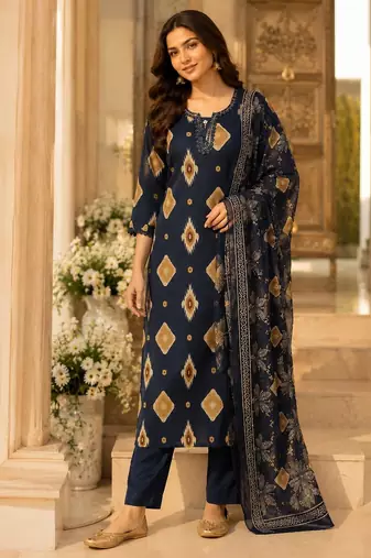 Black cotton blend geometric print kurta set