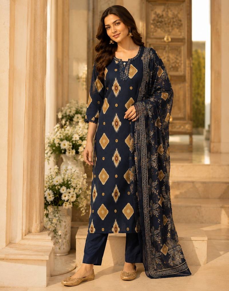 Black cotton blend geometric print kurta set
