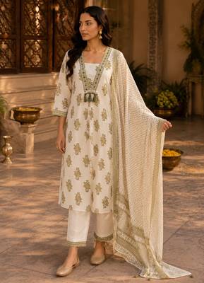 Beige cotton blend geometric print kurta set 1