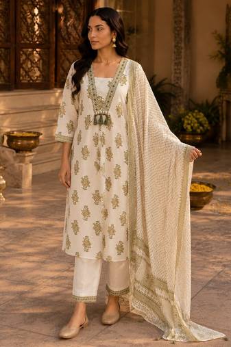Beige cotton blend geometric print kurta set