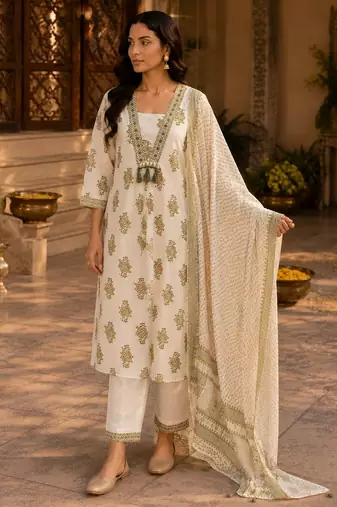 Beige cotton blend geometric print kurta set