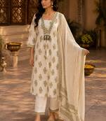 Beige cotton blend geometric print kurta set