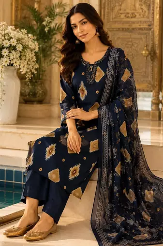 Black cotton blend geometric print kurta set