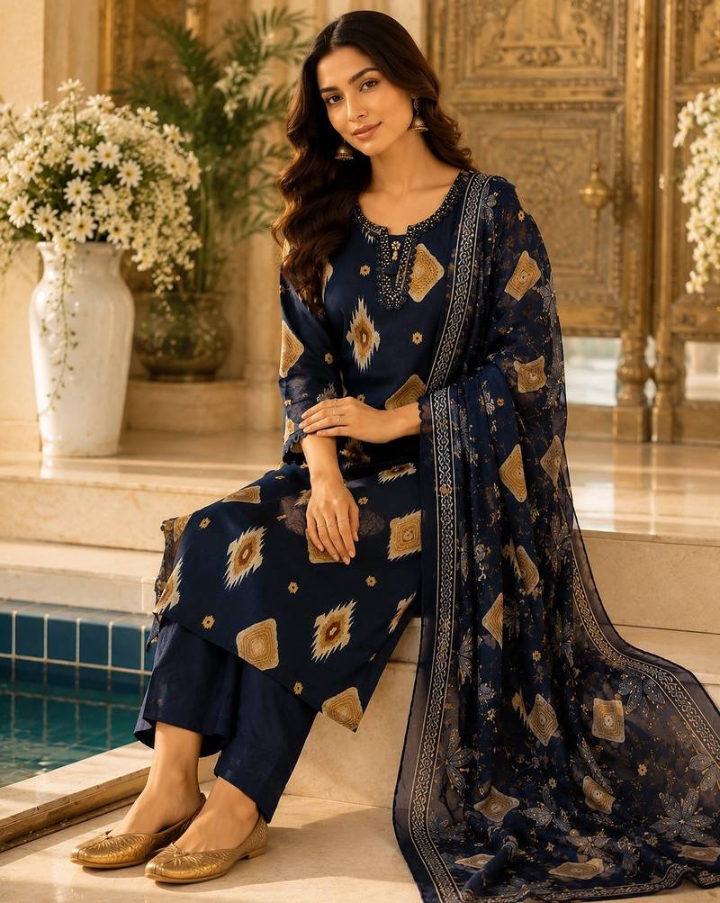 Black cotton blend geometric print kurta set