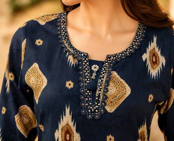 Black cotton blend geometric print kurta set 4