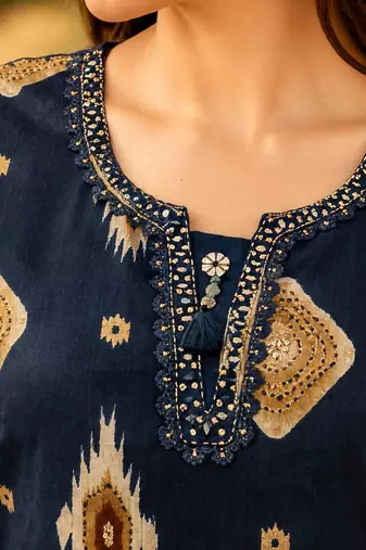 Black cotton blend geometric print kurta set