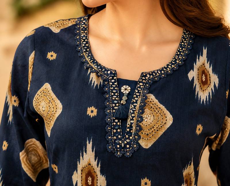 Black cotton blend geometric print kurta set