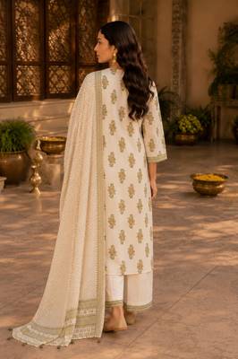 Beige cotton blend geometric print kurta set 2