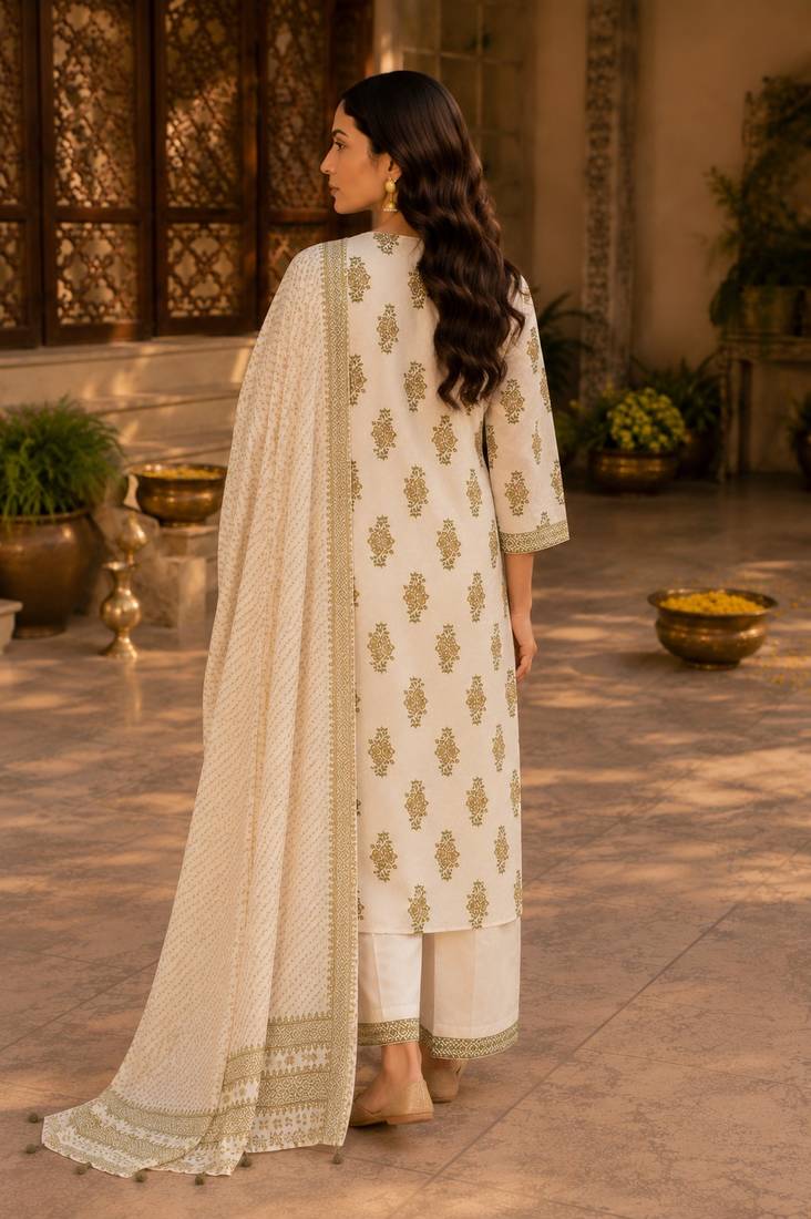 Beige cotton blend geometric print kurta set