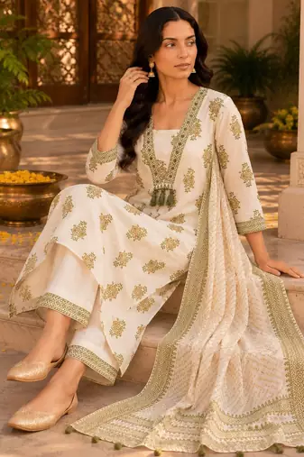 Beige cotton blend geometric print kurta set