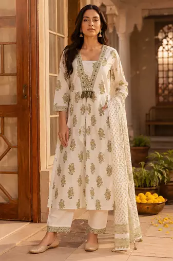 Beige cotton blend geometric print kurta set