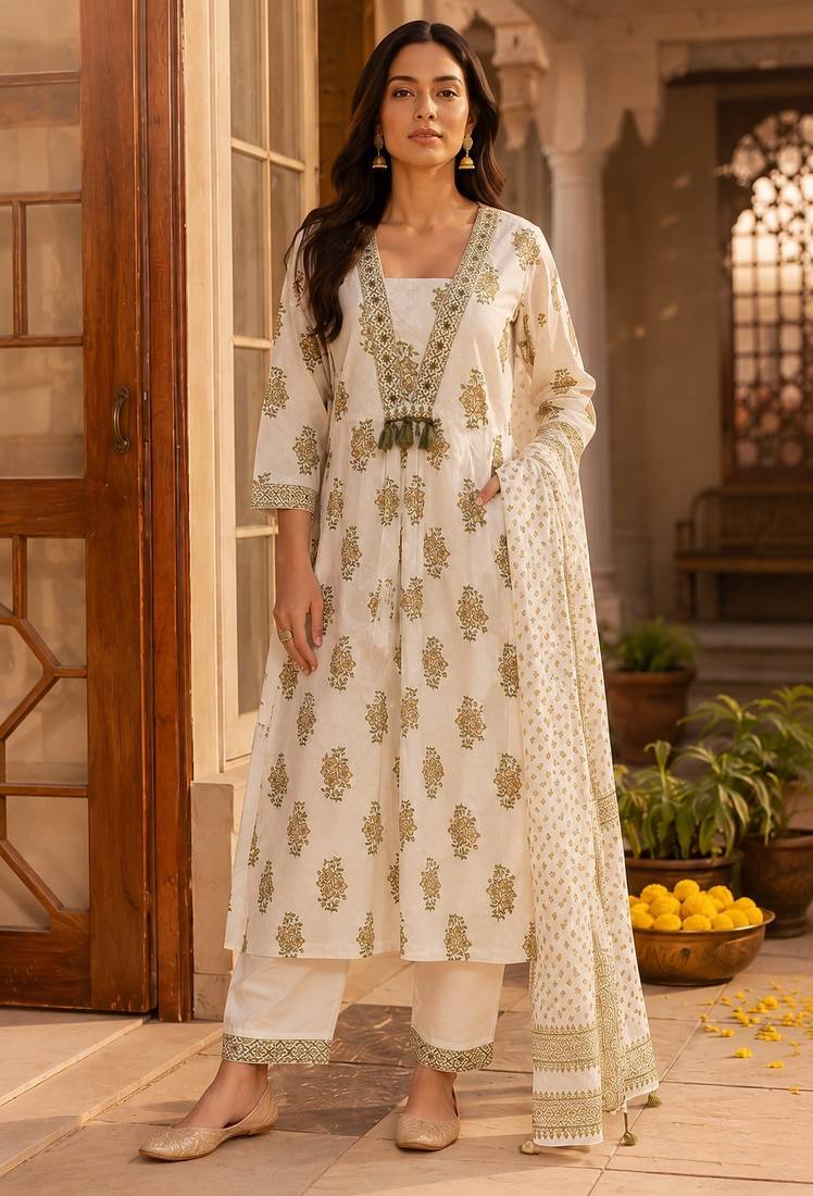 Beige cotton blend geometric print kurta set