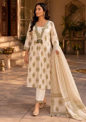 Beige cotton blend geometric print kurta set 5