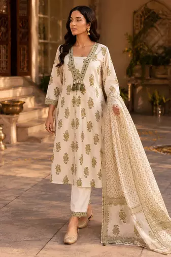 Beige cotton blend geometric print kurta set