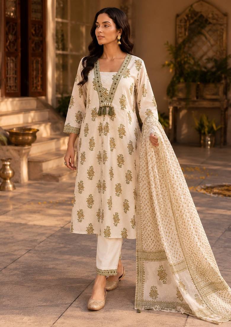 Beige cotton blend geometric print kurta set
