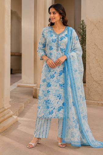 Light blue cotton blend floral print kurta set