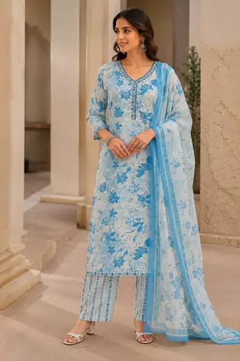 Light blue cotton blend floral print kurta set