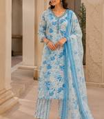 Light blue cotton blend floral print kurta set