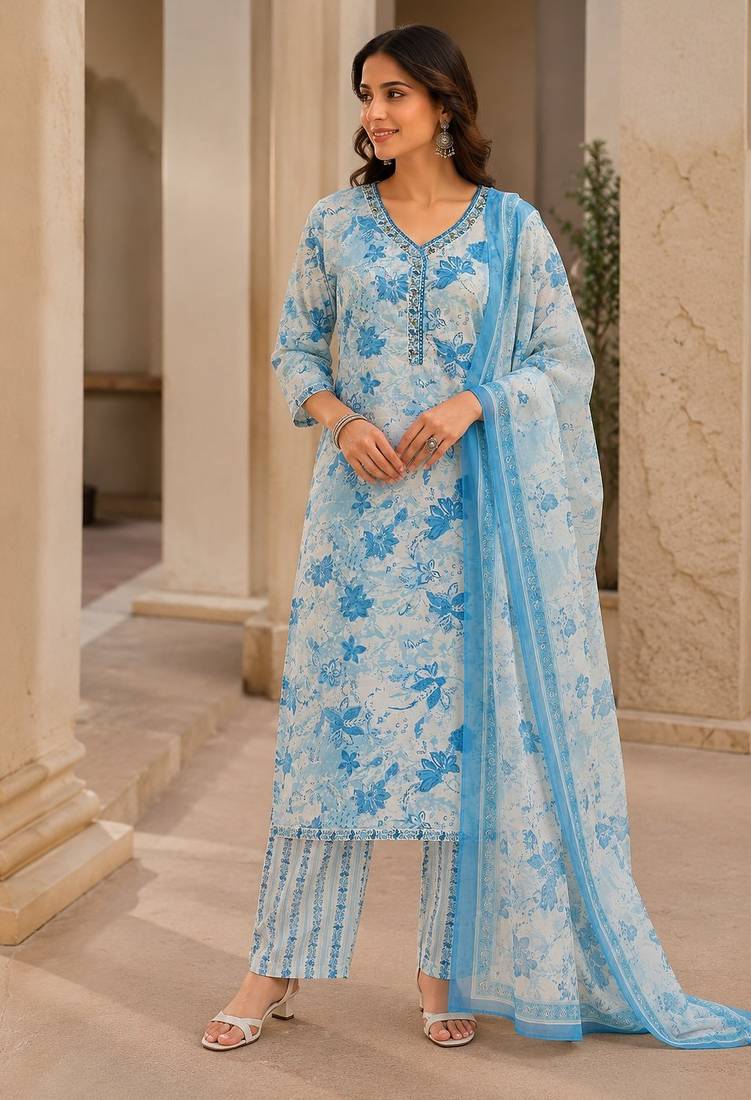 Light blue cotton blend floral print kurta set
