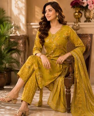 Mustard cotton blend floral print kurta set 2