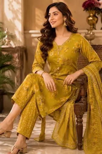 Mustard cotton blend floral print kurta set