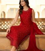Red cotton blend geometric print kurta set
