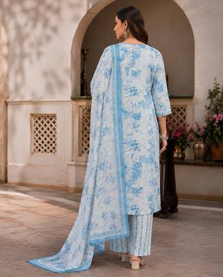 Light blue cotton blend floral print kurta set 2