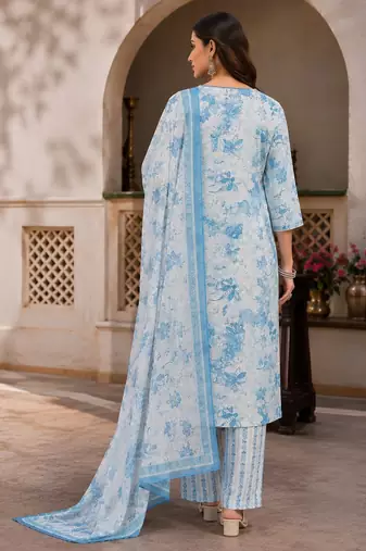 Light blue cotton blend floral print kurta set