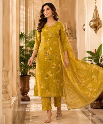 Mustard cotton blend floral print kurta set 1