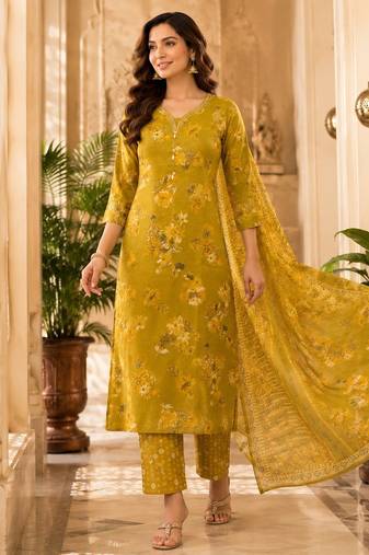 Mustard cotton blend floral print kurta set