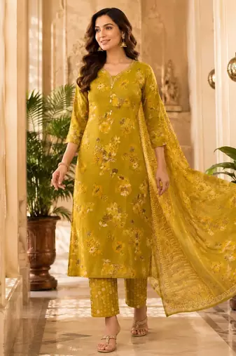 Mustard cotton blend floral print kurta set