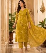 Mustard cotton blend floral print kurta set