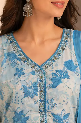 Light blue cotton blend floral print kurta set