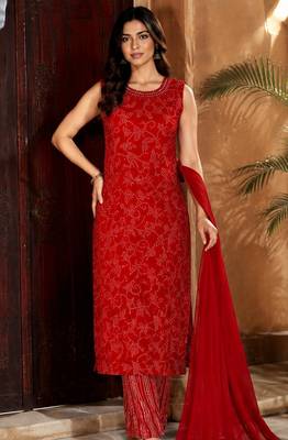 Red cotton blend geometric print kurta set 3
