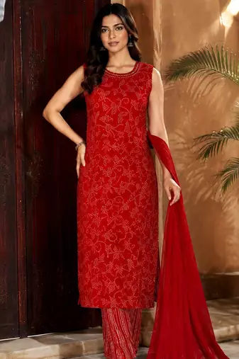 Red cotton blend geometric print kurta set