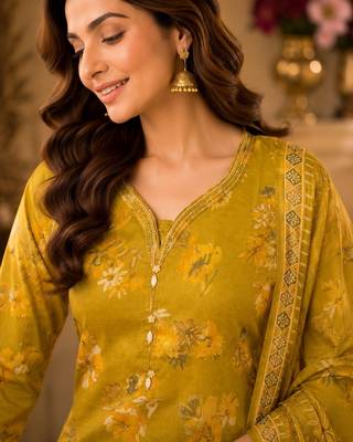 Mustard cotton blend floral print kurta set 3
