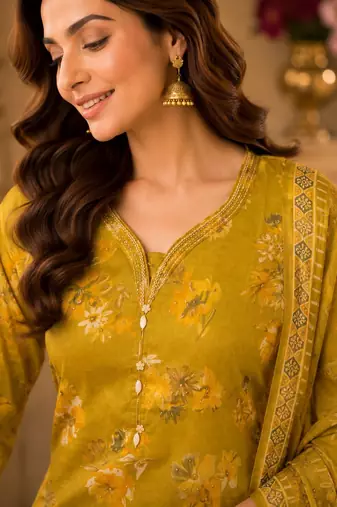 Mustard cotton blend floral print kurta set