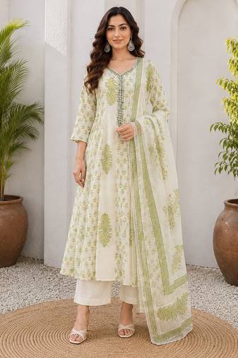 Off white cotton blend floral print kurta set