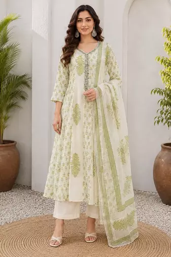 Off white cotton blend floral print kurta set