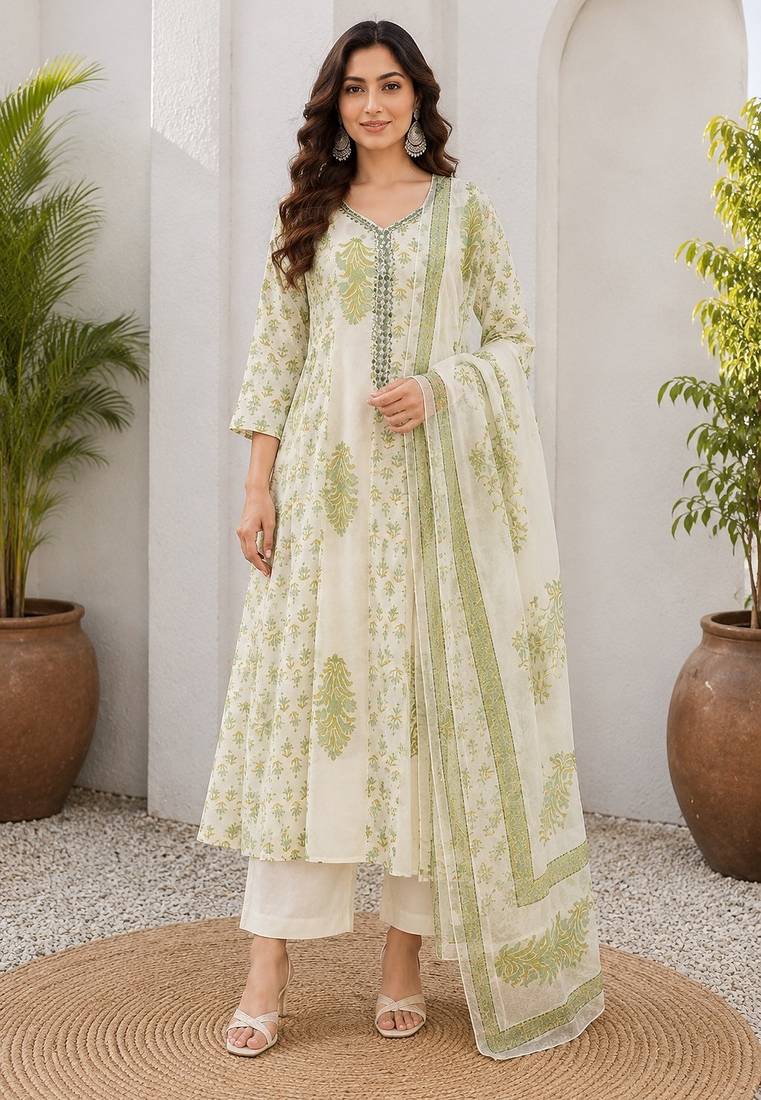 Off white cotton blend floral print kurta set
