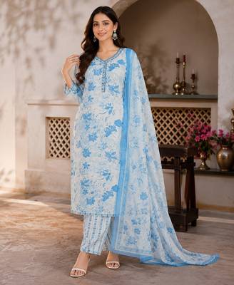 Light blue cotton blend floral print kurta set 4