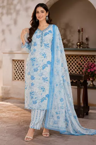 Light blue cotton blend floral print kurta set