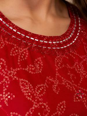 Red cotton blend geometric print kurta set 5