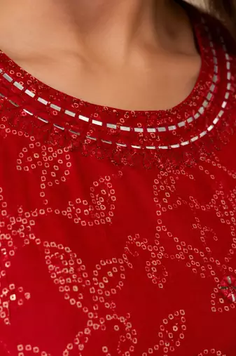 Red cotton blend geometric print kurta set