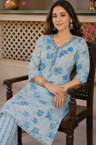 Light blue cotton blend floral print kurta set