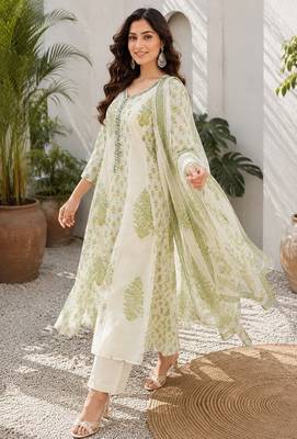 Off white cotton blend floral print kurta set 2