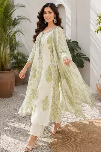 Off white cotton blend floral print kurta set
