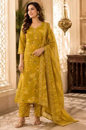 Mustard cotton blend floral print kurta set